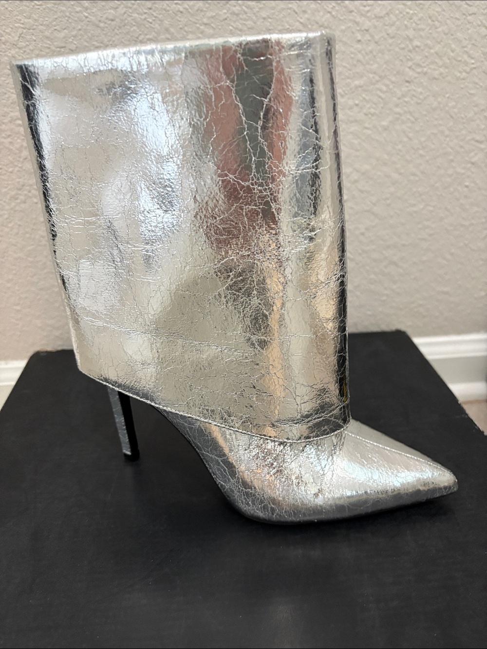 Silver Metallic Pointed-Toe Stiletto Ankle Boots